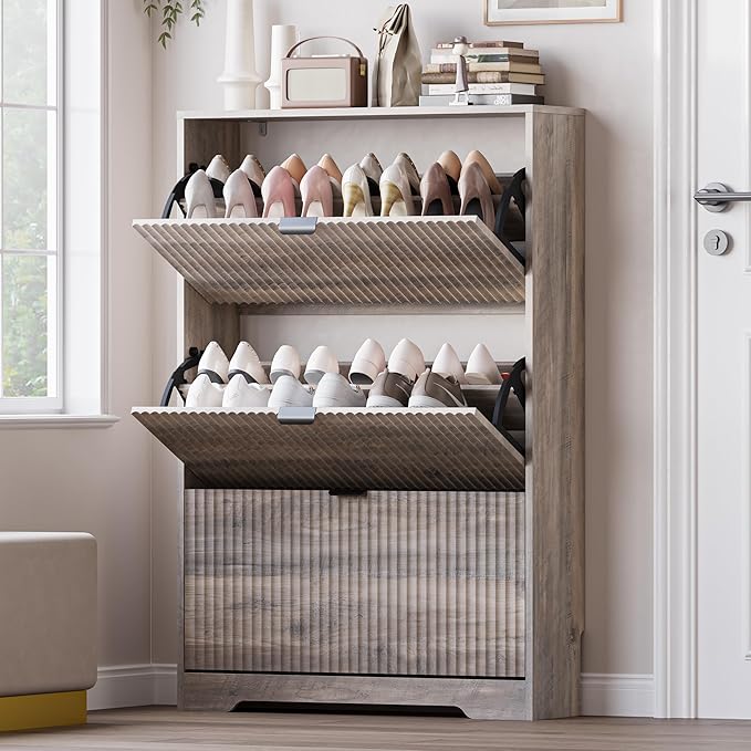 Entryway Shoe Cabinet with 3 Flip Drawers, Narrow Shoe Organizer Cabinet with Fluted Panel and Adjustable Shelves for Foyer, Hallway