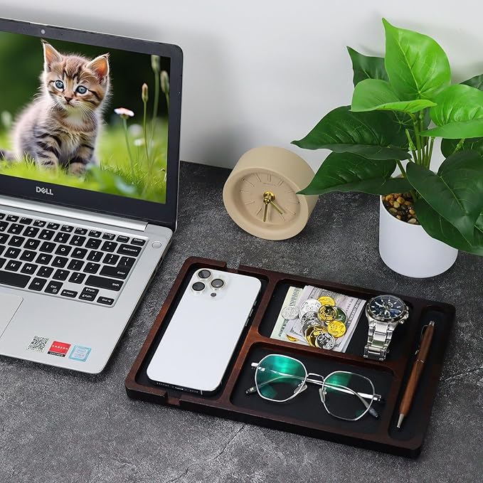 MultiBey Acacia Wood Valet Tray with Leather Inlay | Mens Valet Tray & Desk Organizer | Elegant EDC Catchall Trays for Phone, Wallet, Keys, Watch, Jewelry