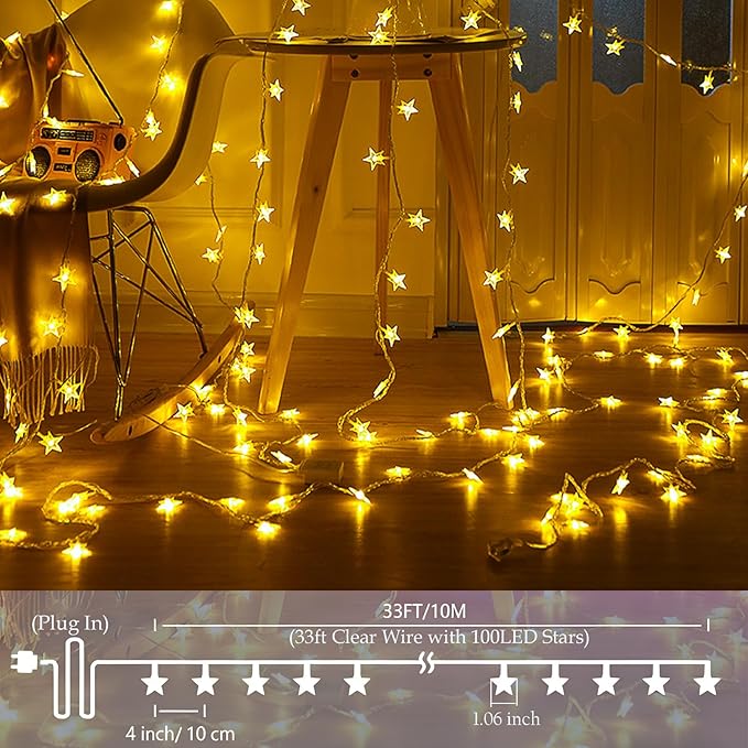 Fairy Star String Lights Plug in, 33ft 100 LED Cute Stars Shaped Lamp 8 Modes for Bedroom Classroom Dorm Porch Wedding Birthday Party Christmas Tree Indoor Outdoor Hanging Decorations (Warm White)