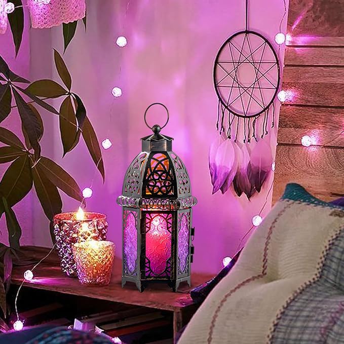 DECORKEY Halloween Decorations Indoor, Purple Decorative Candle Lantern for Moroccan Light Decor, 12.8’’ Vintage Metal Hanging&Tabletop Lantern, Ramadan Lantern for Home Outdoor Patio(Purple)