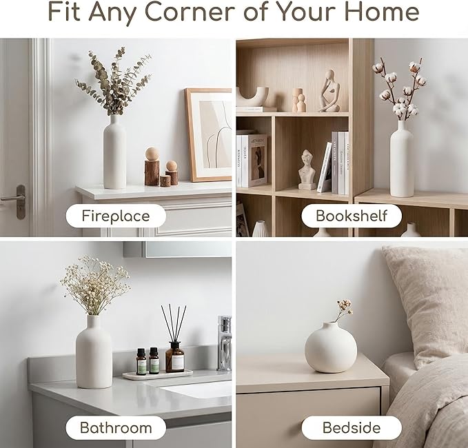 Ceramic Vase Set of 4, Modern Minimalist Colors Home Decor, White Decorative Flowers Vases for Bouquet, Pampas | Table Mantel Centerpiece Bookshelf Living Room Bedroom (White Set of 4)