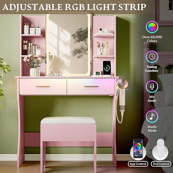 Makeup Vanity Desk with Mirror & Lights, Small Vanity Table Set for Girls with Chair & Power Outlet, Modern Dressing Table with 2 Drawers & 4 Storage Shelves, Adjustable RGB Lighting - Pink