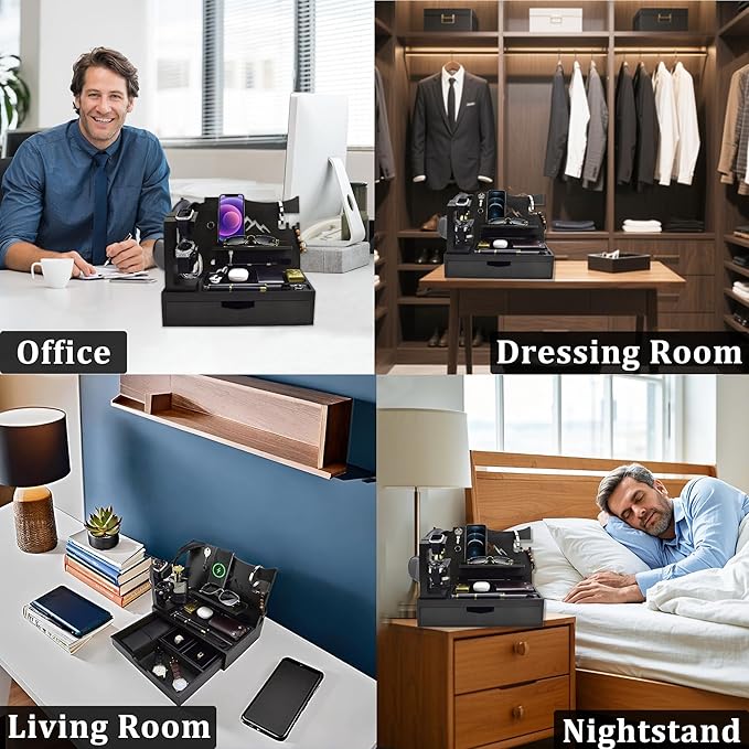 Nightstand Organizer for Men with Large Drawer, Wood Phone Docking Station for Phone, Apple Watch, Wallet & Keys, Ideal Birthday Gift for Father Husband, Bedside Desk Organizer (Black)