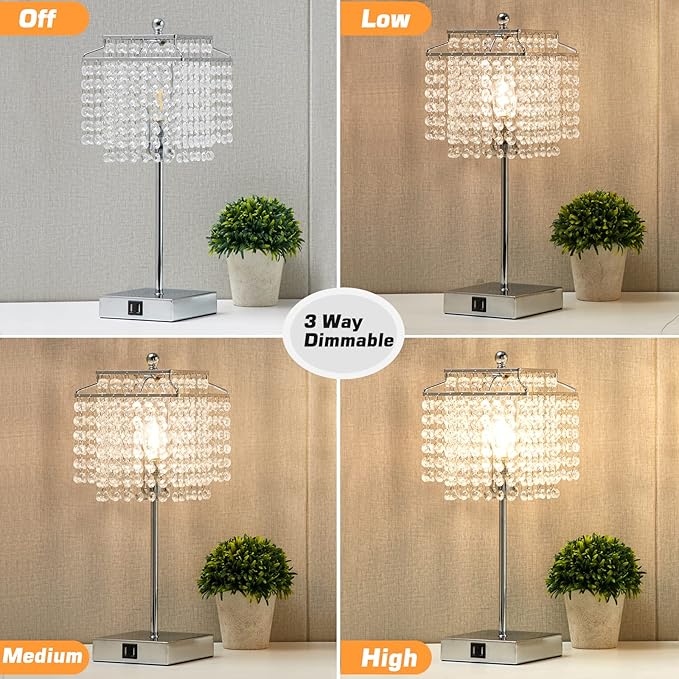Touch Crystal Table Lamp Silver, Bedside Lamp with USB C+A Ports, Dimmable Nightstand Lamp with Crystal Shade, Bedroom Lamp for Girls Bedroom, Living Room, Bulb Included