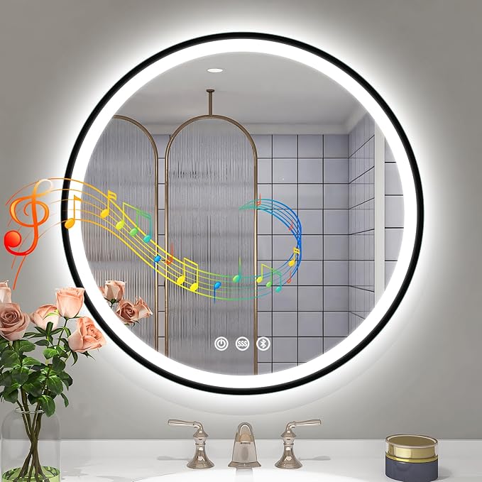 STARLEAD 24" Black Frameless Round LED Bathroom Mirror with Bluetooth Speaker, Dimmable Lighting, 3 Color Modes, Anti-Fog, Touch Control Wall Mounted Vanity Mirror