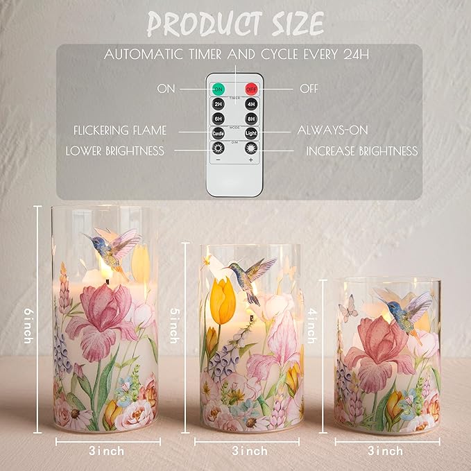 Flameless Candles with Remote, Battery Operated Glass Candles Hummingbird Flickering LED Electric Pillar Candles Real Wax Floral Christmas Decor Set of 3