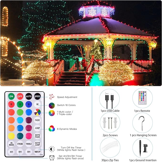 80Ft Solar String Lights for Outside, 18 Colors Changing 200 LED Solar Powered & USB Christmas Lights with Remote, RGB Waterproof Outdoor Fairy Light for Patio Yard Tree Garden Party Decor
