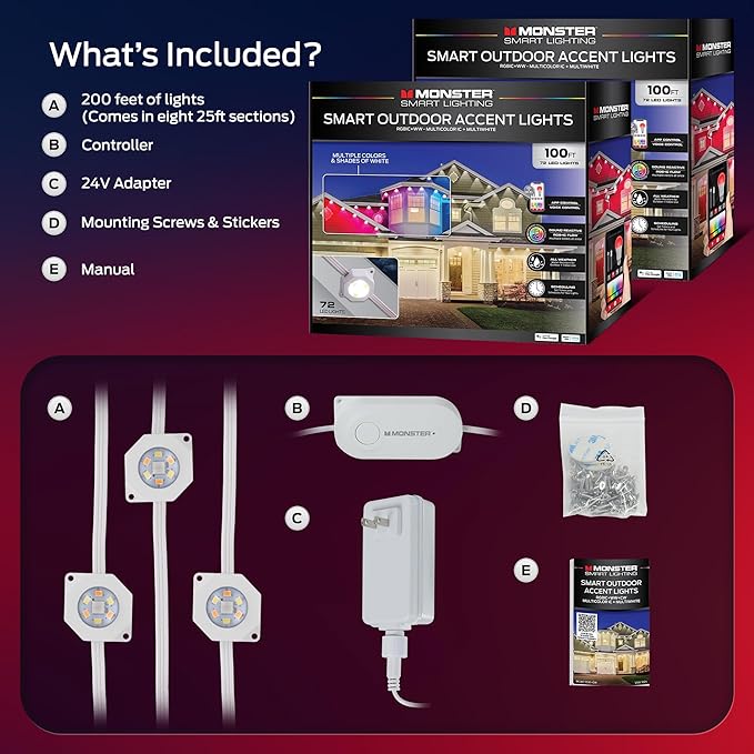 Monster Smart Permanent Outdoor Lights, 200ft, 144 LED Eaves Lights, RGB+IC+WW, Weather & Water Resistant, App & Voice Control, Compatible with Alexa & Google, Halloween, Christmas, Year-Round
