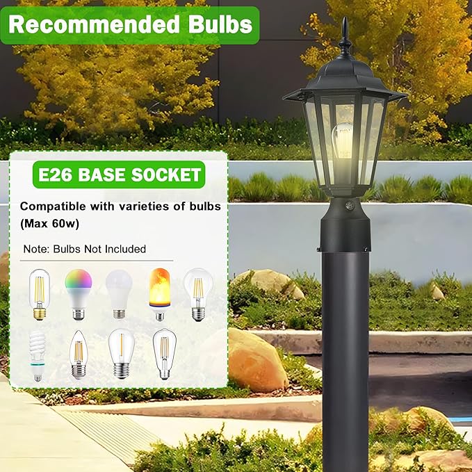 Dusk to Dawn Outdoor Post Light, Pole Lantern, Waterproof Die-Cast Aluminum Pole Light Fixture with Glass, Exterior Post Lamp for Garden Yard Patio Pathway, Matte Black, 2-Pack