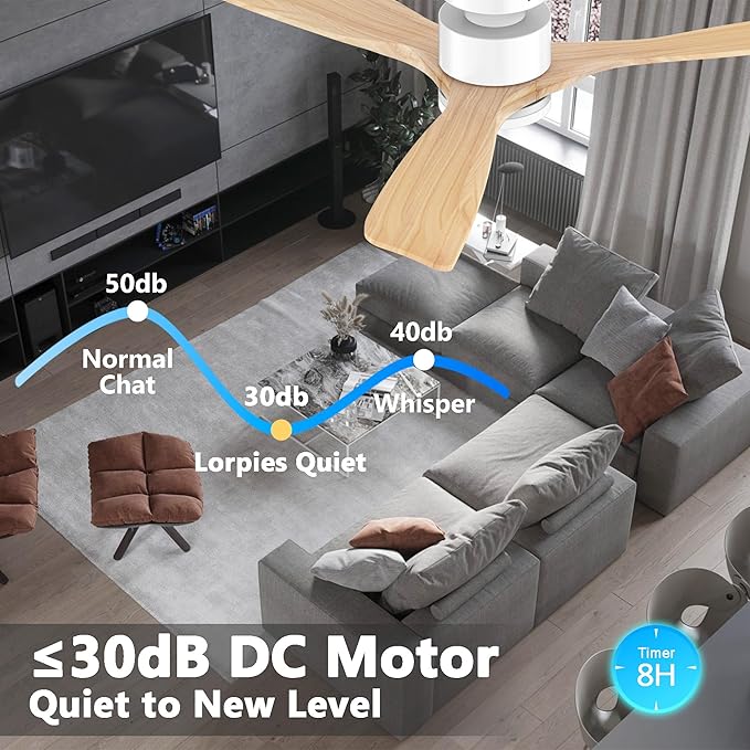 52 Inch Smart Flush Mount Ceiling Fans with Lights Remote,Wood Outdoor Indoor Ceiling Fan,WIFI Alexa App Control,Quiet DC Motor,Modern Low Profile Fan LED Lighting for Bedroom Patio,White & Light Wood