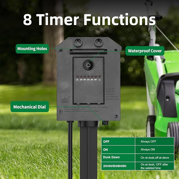 Outdoor Power Stake Timer, Remote Control Dusk to Dawn Light Timer, 60FT Extension Cord Waterproof, 6 Grounded Outlets for Graden and Yard Decorations, ETL Listed