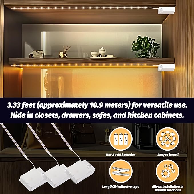 Battery Powered Under Cabinet Lighting, Wireless LED Strip Lights for Kitchen Under Cabinet Shelves Under Counter Closet Cordless Click Light (Warm White, 3 Pack)