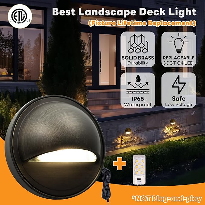 Gardenreet Low Voltage Deck Lights - Landscape Solid Brass Step Lights Outdoor, 12V LED Hardwired Waterproof Bronze for Fence Wall Yard with 3W 270LM Adjustable Warm & Neutral White G4 Bulb 12 Pack