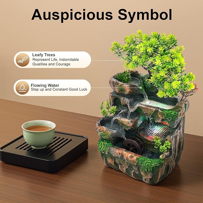 Desk Waterfall Fountain, Water Fountains Indoor Bonsai Desktop Ornament with LED Light, Zen Meditation for Home Office Bedroom Atomizing Humidifier Desk Decoration