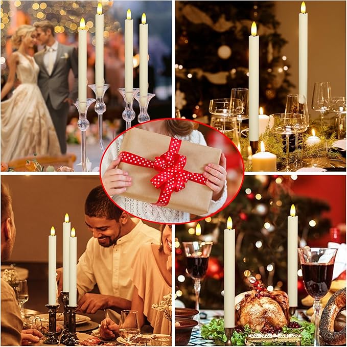 2 PCS Upgraded Real Wax LED Flameless Taper Candles with Remote, KSWING White Candlesticks Battery Operated 3D Flickering - 9.6” Long Realistic Fake Candle Sticks for Home/Wedding/Fireplace Xmas Decor