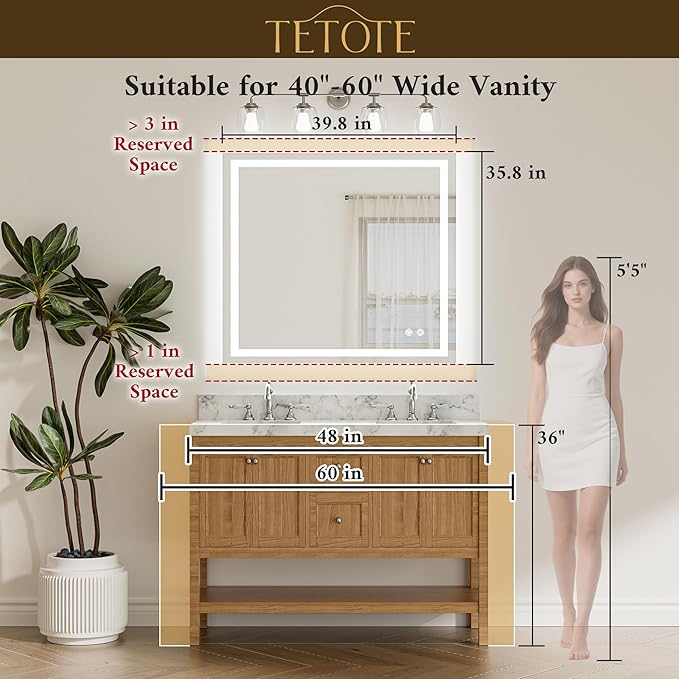 TETOTE LED Bathroom Mirror with Lights 40 x 36 Brighter Light up Mirror for Bathroom Vanity, Front and Backlit 3-Color Dimmable Illuminated Antifog Mirror Wall Mounted, Waterproof, Tempered Glass