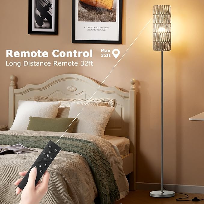 Ambimall 64'' Floor Lamps for Living Room with Remote Control and Stepless Dimmable Colors Temperature & Brightness, Boho Grey Standing Lamp with Grey Rattan Shade