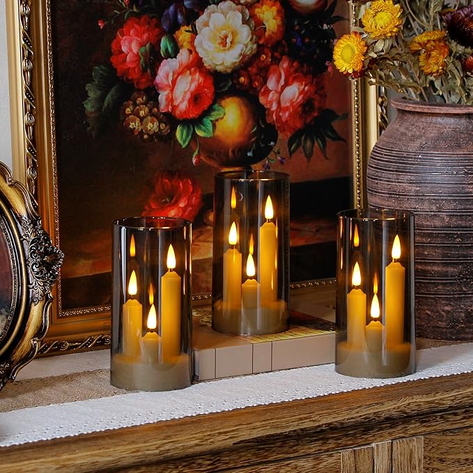 3 in 1 Flameless Taper Short Candles with 10 Key Remote Control and Timer, Battery Operated Pack of 2 LED Acrylic 3" x6" Grey Pillar Flickering Warm Light