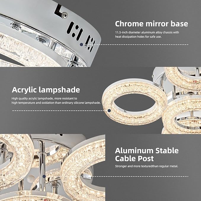 OKELI Modern Ceiling Light, 6 Rings 17.7'' Dimmable LED 60W Flush Mount Ceiling Lights with Remote Acrylic Crystal Round Ceiling Light Fixture, Bedroom Living Room Dining Room, Chrome