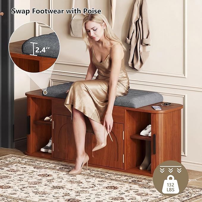 47.2'' Entryway Shoe Storage Bench with Seat Cushion & Sliding Door, Shoe Rack with Lift-Top Hidden Storage & Adjustable Shelf, Bench for Bedroom End of Bed, Walnut