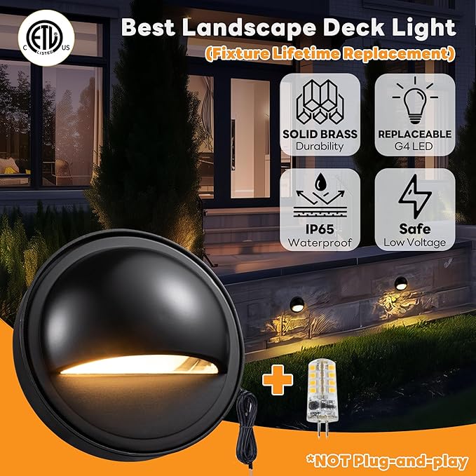 Gardenreet Landscape LED Step Lights - Solid Brass Low Voltage Deck Lights, Outdoor 12V Hardwired IP65 Waterproof Black for Wall Garden Stair with 3000K Soft White 3W 270LM G4 Bulb 12 Pack