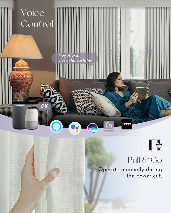 Graywind Hardwired Smart Curtains Compatible with Alexa Google Remote Control Motorized Drape for Sliding Door One-Way or Split Draw, Custom Width to 220" (Mose)