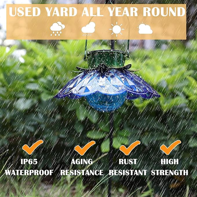 XUWEN Solar Lights Outdoor Waterproof - Blue Solar Flower Lights with Crackle Globe Glass Light, Hanging Lanterns Decorative Outdoor for Yard Walkway Lawn Fence,Christmas Housewarming Gifts for Women.