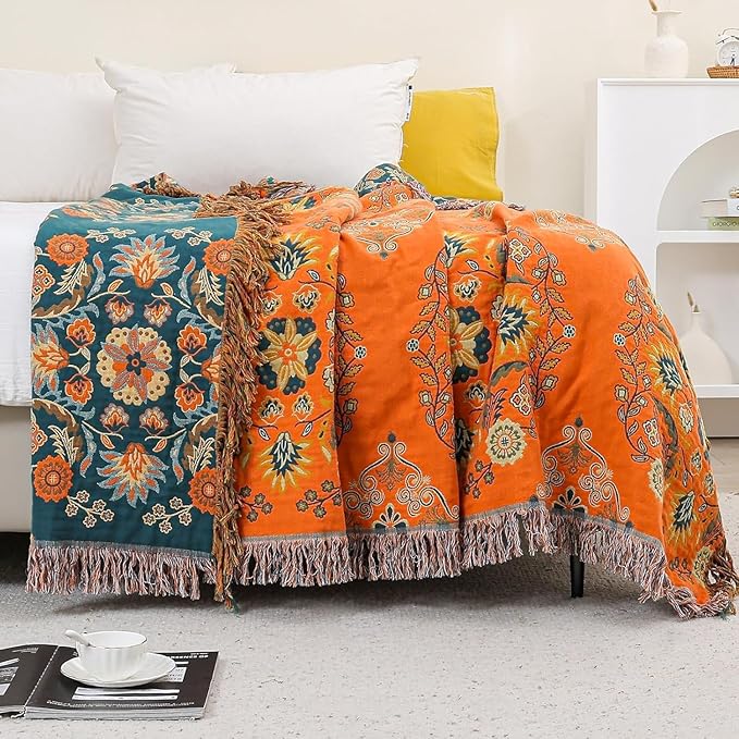 King Throw Blanket for Bed Couch,100% Organic Cotton Reversible Soft Quilt, Orange Floral Breathable Lightweight Blankets,90"×108" Extra Large Sofa Throws for 3 4 Seater with Tassels,Teal