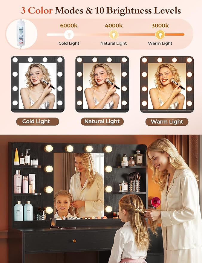 Vanity Desk with Mirror and Lights, 35" Makeup Vanity with 2 Drawers, Storage Cabinet, 8 Open Shelves, 3 Lighting Modes Adjustable Brightness, Power Outlet, Dressing Table for Bedroom, Black