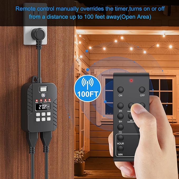 Outdoor Light Timer Waterproof, 15A, 24-Hour Plug in Outdoor Countdown Timer (2, 4, 6 or 8 Hours Mode), 100 FT Range Remote Control with 2 Grounded Outlets for Home and Garden, ETL Listed