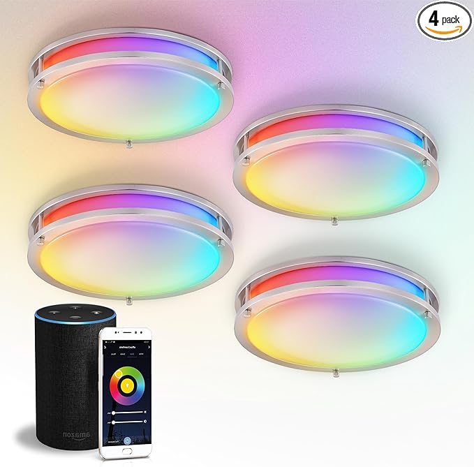 ASD LED 14" Round Flush Mount Lighting, Close to Ceiling Light Fixture | Smart, Multicolor, Dimmable, ETL Listed | 21W 1429LM RGB-2700-6500K 120V | Low Profile Double Ring Lamp | Nickel, 4 Pack