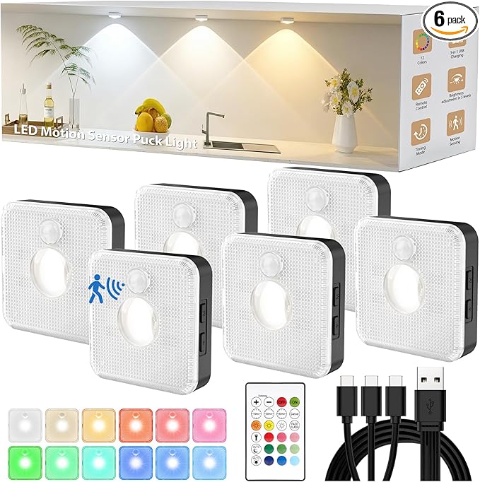 GBEAST 6 Pack Under Cabinet Lighting, Puck Lights with Remote, Motion Sensor Light Indoor, 3 Color Temps & 9 RGB Dimmable Closet Light, Rechargeable Cabinet Lights for Kitchen, Bedroom, Shelf(Black)