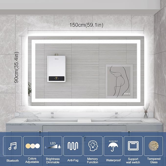 STARLEAD 59"x35" Bluetooth LED Bathroom Mirror with Dimmable Lighting, 3 Color Temperature, Anti-Fog, Touch Control, Wall Mounted Vanity Mirror for Daily Routines
