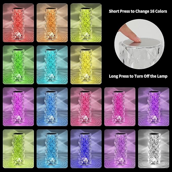 2 Pack Crystal Table Lamp, Remote and Touch Control Rose Wave Lamp, RGB Color Changing Night Light, Dimmable, USB Rechargeable Decoration Ambient Lighting for Dinner/Bars/Game Room/Living Room/Bedroom