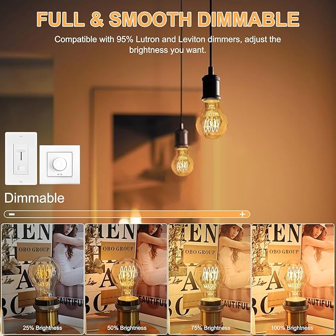 A19 Vintage LED Edison Light Bulbs 40 Watt, 4-Pack Dimmable A19 4W LED 2500K Warm White Light Bulbs, E26 Base, 4W Equal 40 Watt Incandescent Bulbs, Decorative Antique Bulb, 300LM
