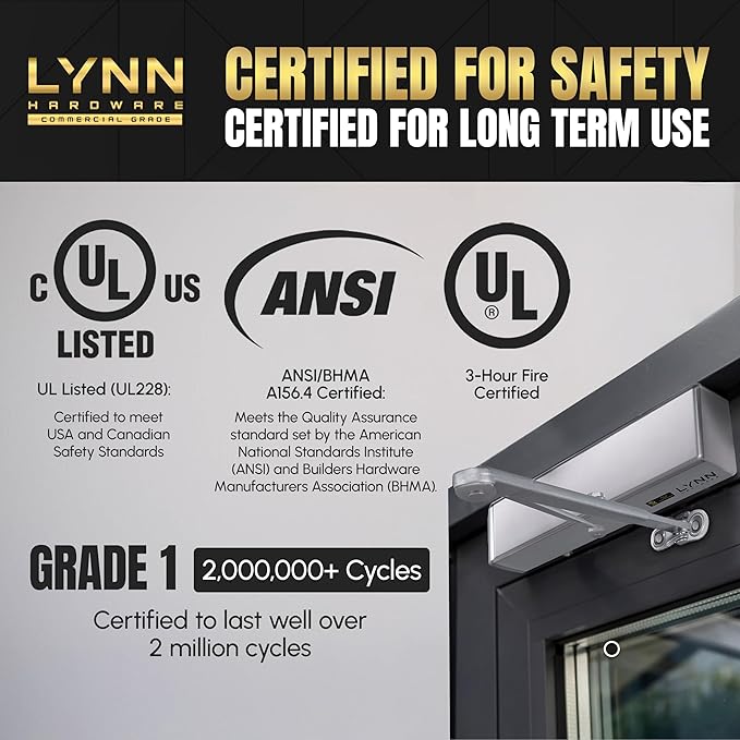 LYNN HARDWARE Extra Heavy Duty Automatic Door Closer (Silver) - Commercial Grade, Contractors Choice, Adjustable Speed, Delayed Closing Timer, 3 Mounting Options, 3 Hour Fire Rated (DC9016 Model)