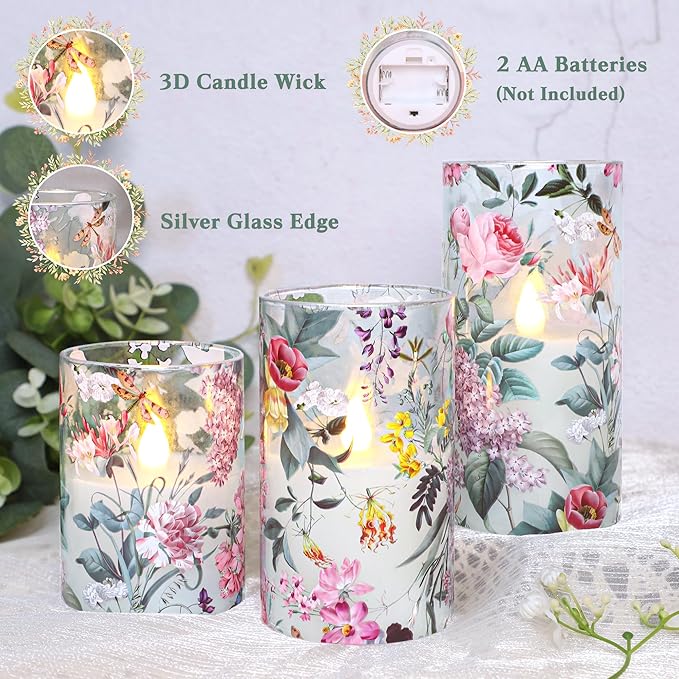 Crystal Club Floral Glass Flameless Candles Battery Operated with Remote, Realistic LED Flickering Pillar Candle for Wedding, Home Decor