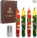 Christmas Flameless Short Taper Candles, Red Green LED Battery Operated with Remote, Flickering Flame Lights for Home Décor, 6.7 Inch Primitive Flameless Print Candles, 4PCS