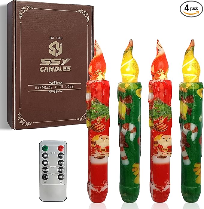 Christmas Flameless Short Taper Candles, Red Green LED Battery Operated with Remote, Flickering Flame Lights for Home Décor, 6.7 Inch Primitive Flameless Print Candles, 4PCS