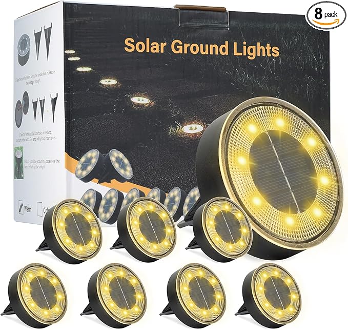 ELUTENG Solar Ground Lights 8 Pack IP68 Waterproof Solar Pathway Lights 8 LED Garden Lights Anti-Rust Outdoor Landscape Lighting for Lawn, Yard, Deck, Driveway, Walkway (Warm Light)