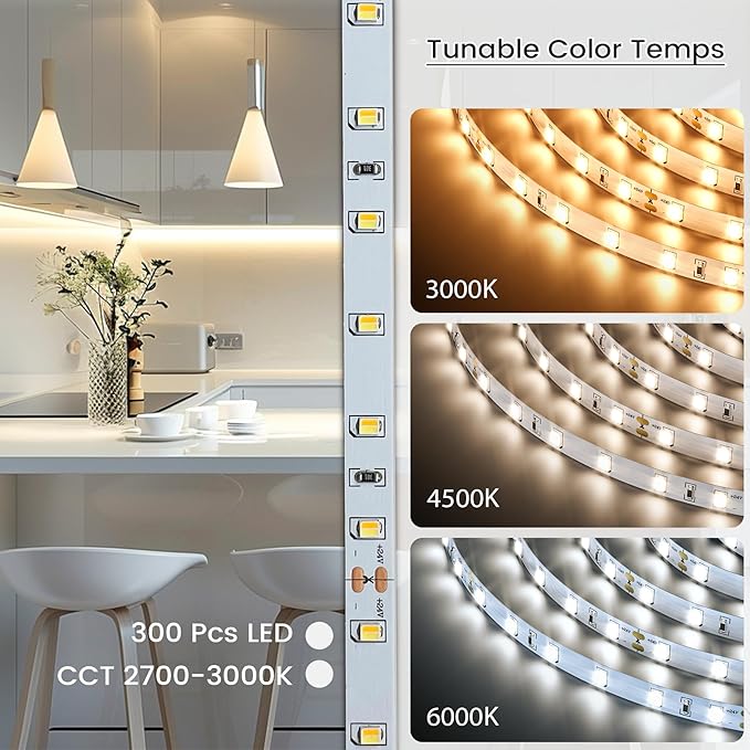 MYPLUS Under Cabinet LED Lights, 16.4ft LED Strip Lights, Tunable Color Temps and Bright 1123 Lumens,Dimmable, 14W, 24V Bluetooth APP Control Rope Lights for Bedroom,Vanity,Cabinet,Kitchen