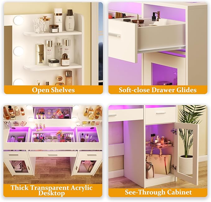 Vanity Desk, Makeup Vanity Desk with Mirror and Lights 3 Colors, Transparent Top with 3 RGB Drawers, 6 Shelves, 2 Large Tempered Cabinets, Power Outlet, for Bedroom, White