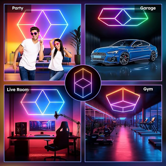 Hexagon Garage Lights RGB - Multicolor LED with Dimming,Speed Control, Perfect for Gaming Setups, Home Bars, Music Studios, DIY Home Gym Lighting