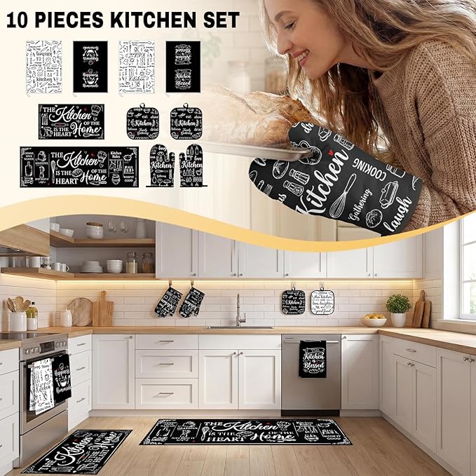 Black and White Kitchen Decor Set 10 Piece - Chalkboard Art Baking Theme Kitchen Rugs, Oven Mitts, Pot Holders and Towels - Modern Farmhouse Kitchen Rules Accessories