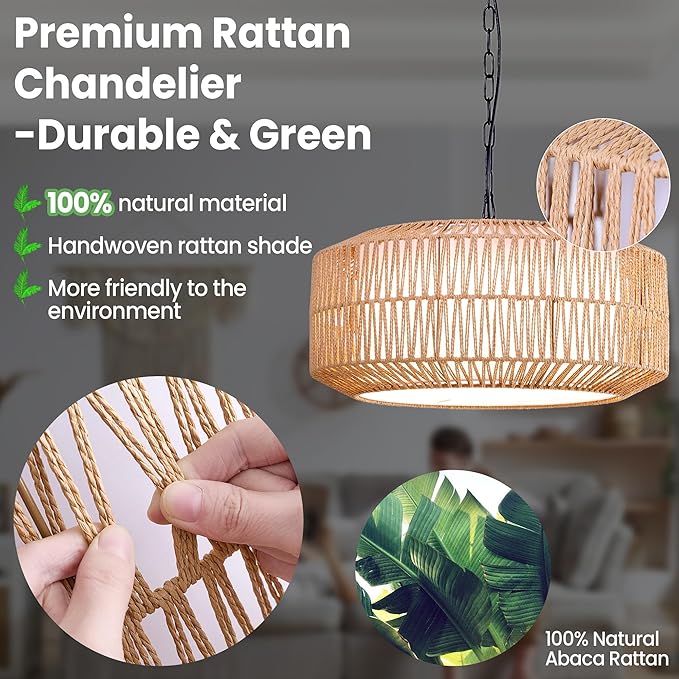 Smart RGB Ambient Rattan Pendant Light with Voice & App Control, Dimmable Boho Hanging Ceiling Lamp for Bedroom & Dining Room, Handwoven Wicker Light Fixture, 21.7” Natural
