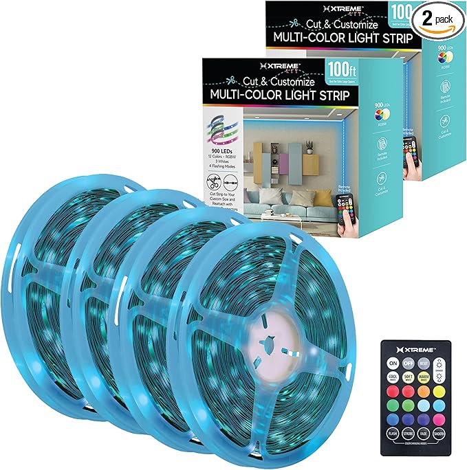 Xtreme Multicolored LED Strip Lights with Remote, 200 Foot RGBW Lights Strip with Adhesive Backing, Cut & Reconnect, Dimmable, 15 Colors, 1800 LED Lights, 4 Modes - Strobe, Flash, Fade & Smooth