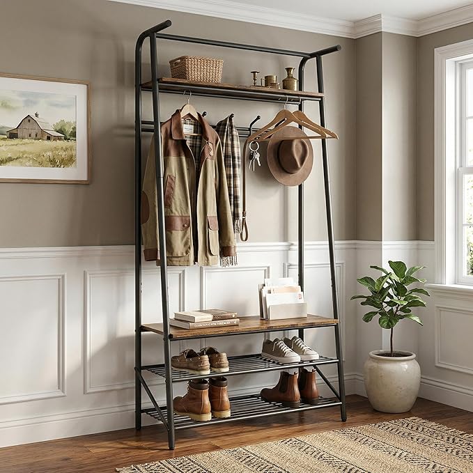 31.5" Retro Brown Hall Tree with Bench and Shoe Storage, Single Row Hooks Coat Rack Freestanding Organizer, Heavy Duty Coat Rack with Shoe Storage, Coat and Shoe Rack Entryway Mudroom Foyer