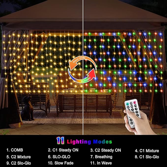 ZAIYW Curtain Lights Outdoor 20Ft×3Ft, 300 LED Color Changing Fence String Lights with Plug Remote, Waterproof Light Curtain for Stair Railing Eaves Decor (Warm White & Multicolor)