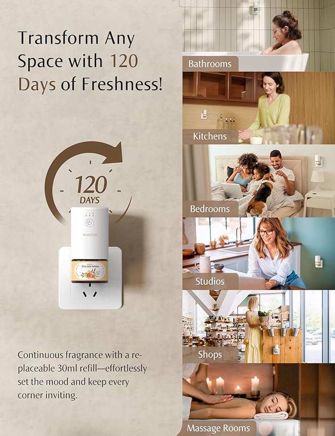 Essential Oil Diffuser for Home, Smart Waterless Aromatherapy Diffuser SF101S Pro, Plug in Room Scent with Timer & 120-Day Natural Aroma, Covers 1000 Sq Ft – Free 30ml Capri Orange