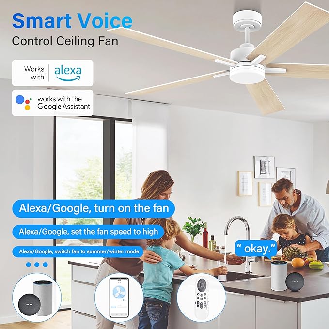 60” Smart Ceiling Fan with Lights Remote,Control via Alexa Google Voice App Wifi,Silent DC Motor,Dimmable,Outdoor Indoor Modern Ceiling Fans for Large Bedroom Patio Porch,White and Wood